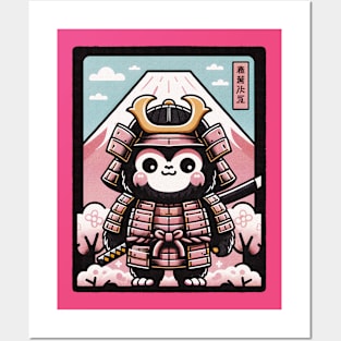 Cute cartoon Kawaii a stout gorilla samurai armor fuji mount blossom Posters and Art